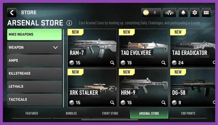 Warzone Mobile Arsenal Store UI showing token costs for unlocking legacy operators