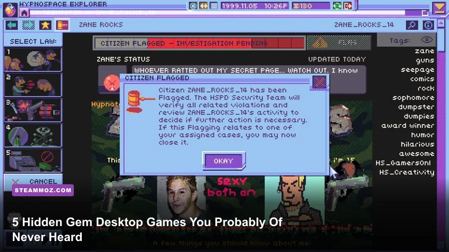 Collage of hidden gem desktop games including Duskers, Hypnospace Outlaw, and Strange Horticulture