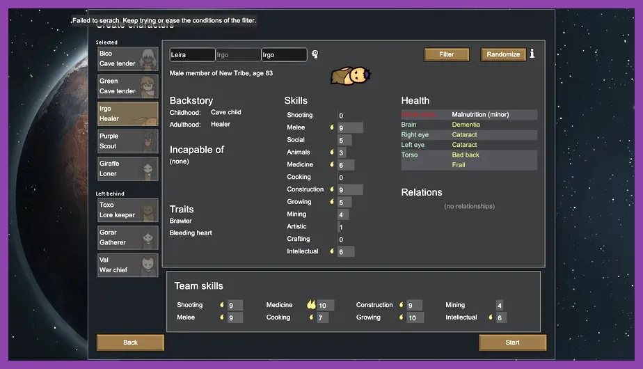 RimWorld detailed pawn statistics view