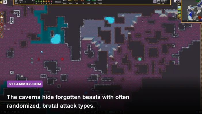 Dwarves exploring a dangerous cavern layer in Dwarf Fortress