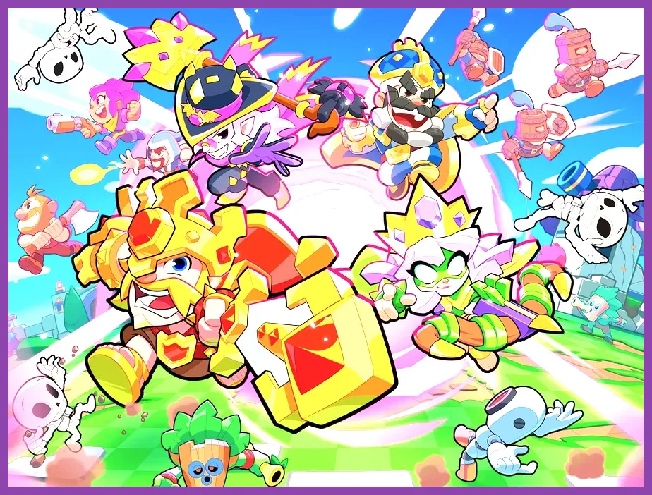 Fused Squad Busters characters fighting near a chest