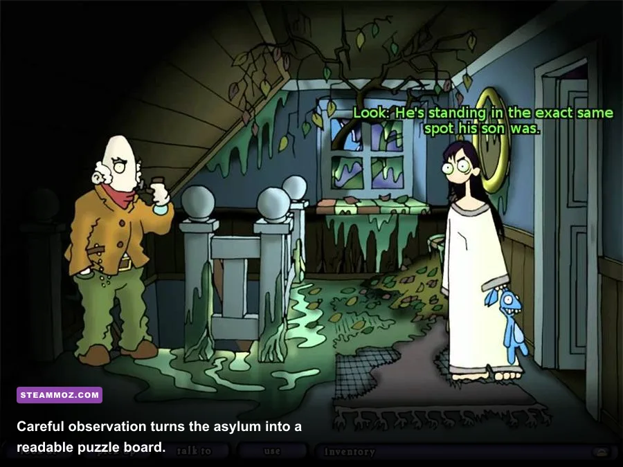 Edna exploring the asylum corridor in Edna & Harvey The Breakout