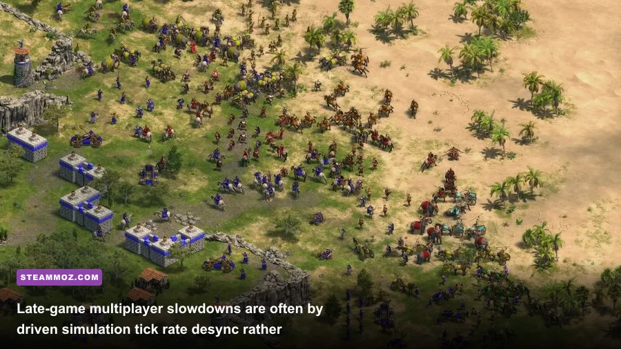 Late game 8-player battle scene in Age of Empires Definitive Edition with naval and land units