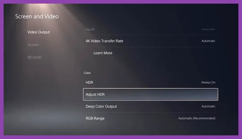 PS5 menu showing HDR adjustment patterns for vivid colors