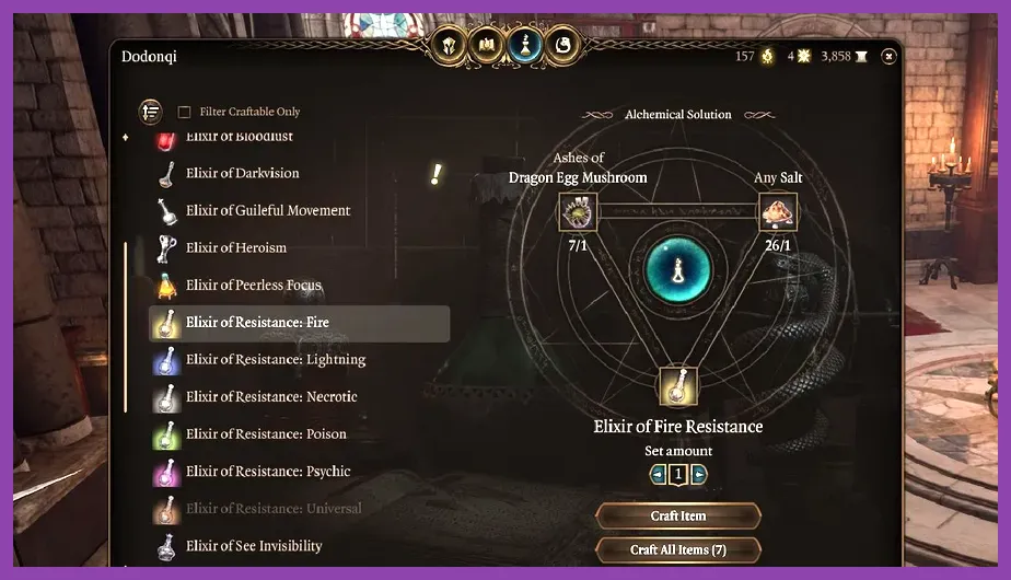 Inventory screen displaying rare alchemical elixirs and potions in Baldurs Gate 3