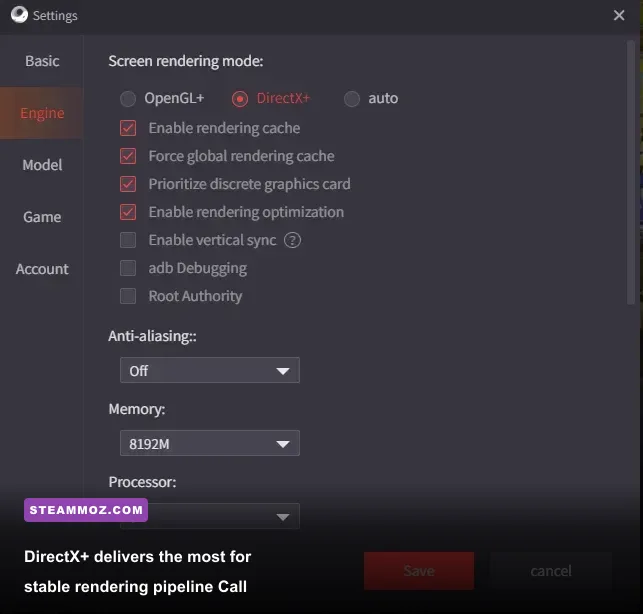 GameLoop emulator engine settings menu showing DirectX plus and RAM allocation