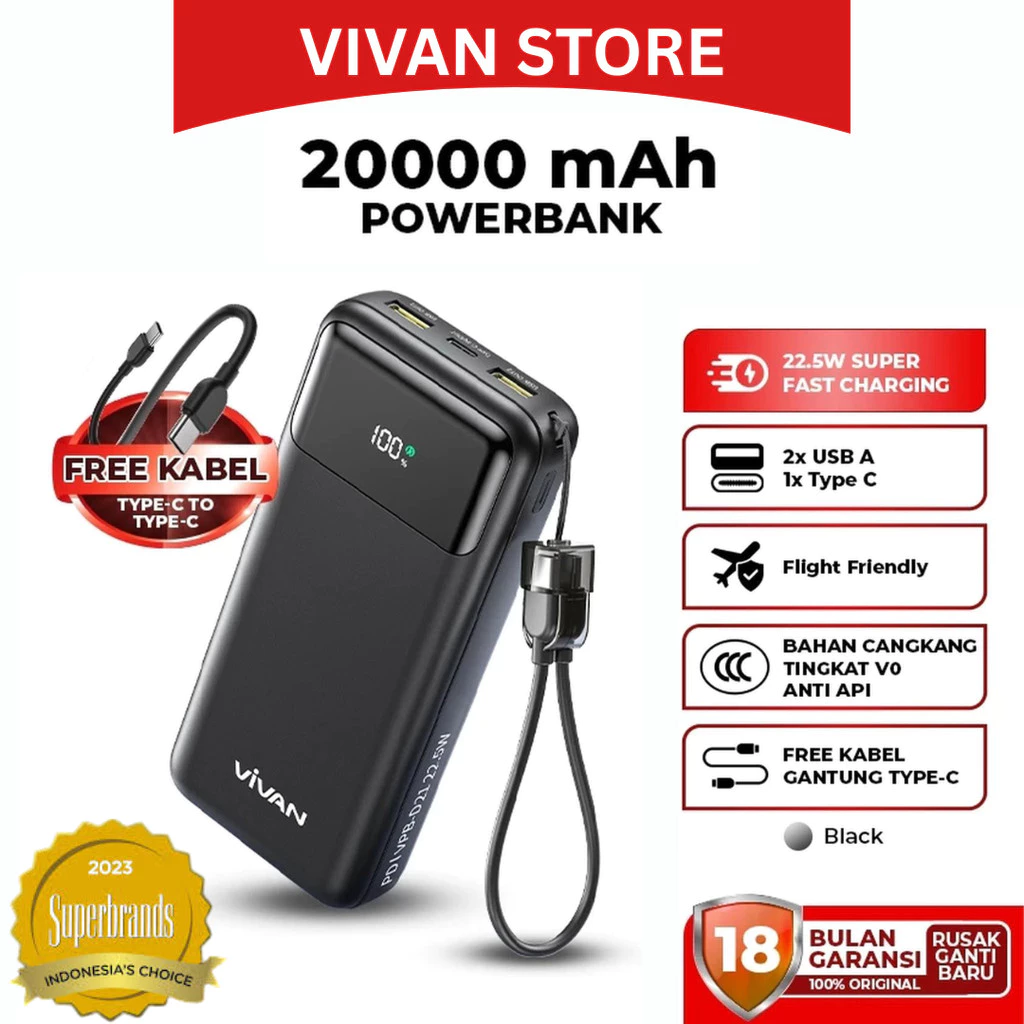 VIVAN VPB-D21 Powerbank 20000 Mah 22,5W 5A Sudah ada logo dan tersertifikasi CCC