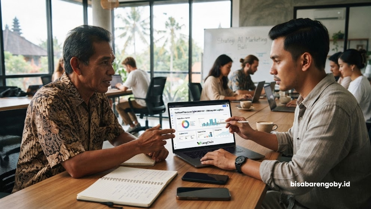 Pemilik bisnis pariwisata berdiskusi dengan konsultan AI Marketing untuk UMKM di Bali berbasis LangChain