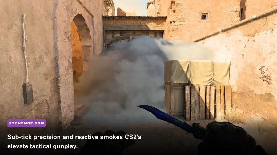 Counter-Strike 2 competitive match displaying new volumetric smoke and precise crosshair placement