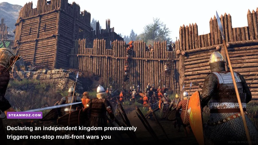 Siege engines firing on stone walls during a Bannerlord castle assault