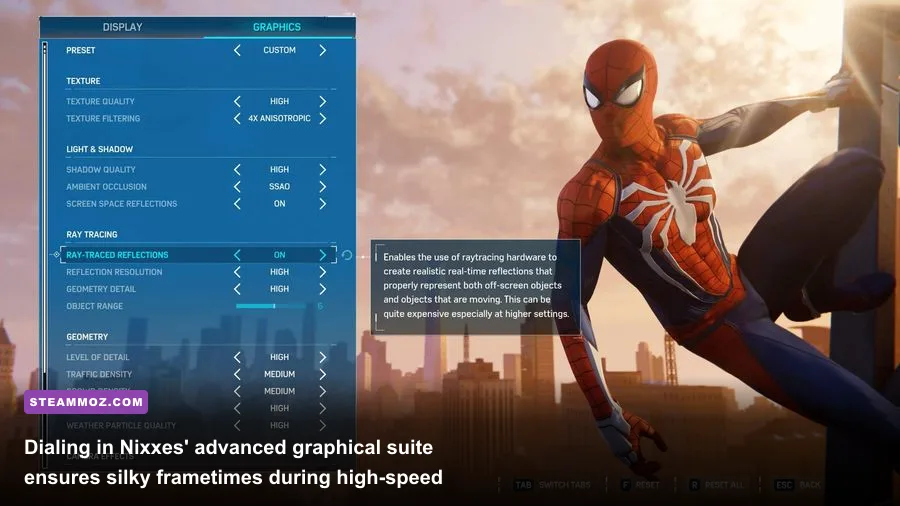 Spider-Man Remastered PC graphics settings configuration screen showing ray tracing options