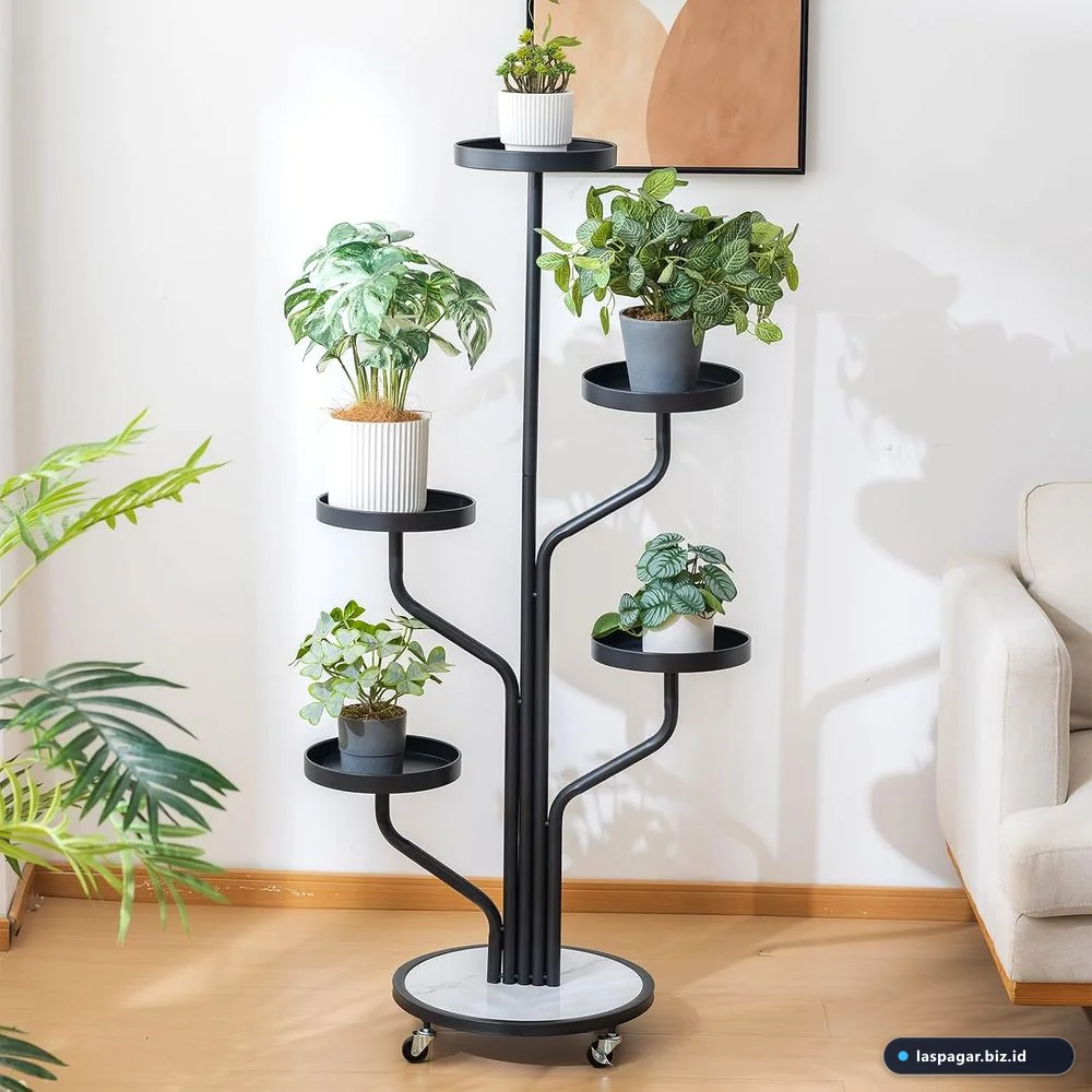 standing pot bunga besi minimalis teras indoor di ruang tamu modern