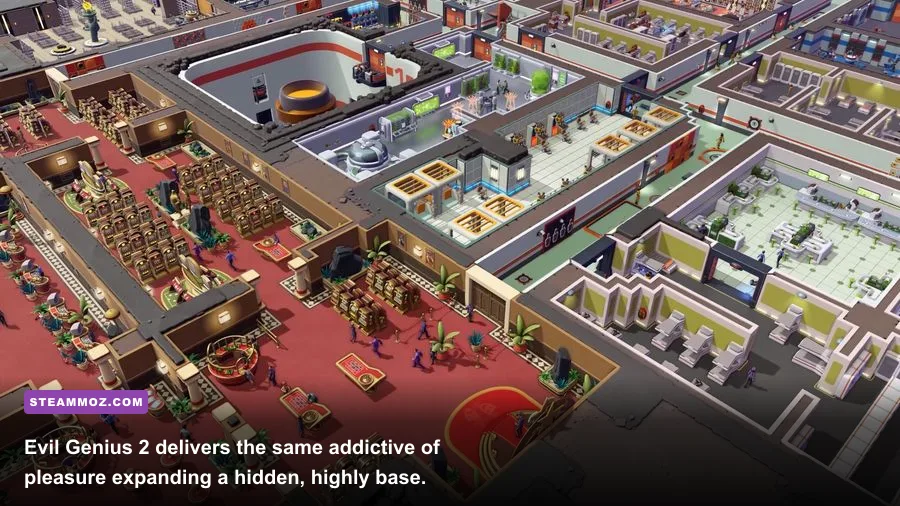 Evil Genius 2 villain headquarters with minions training rooms and spy traps