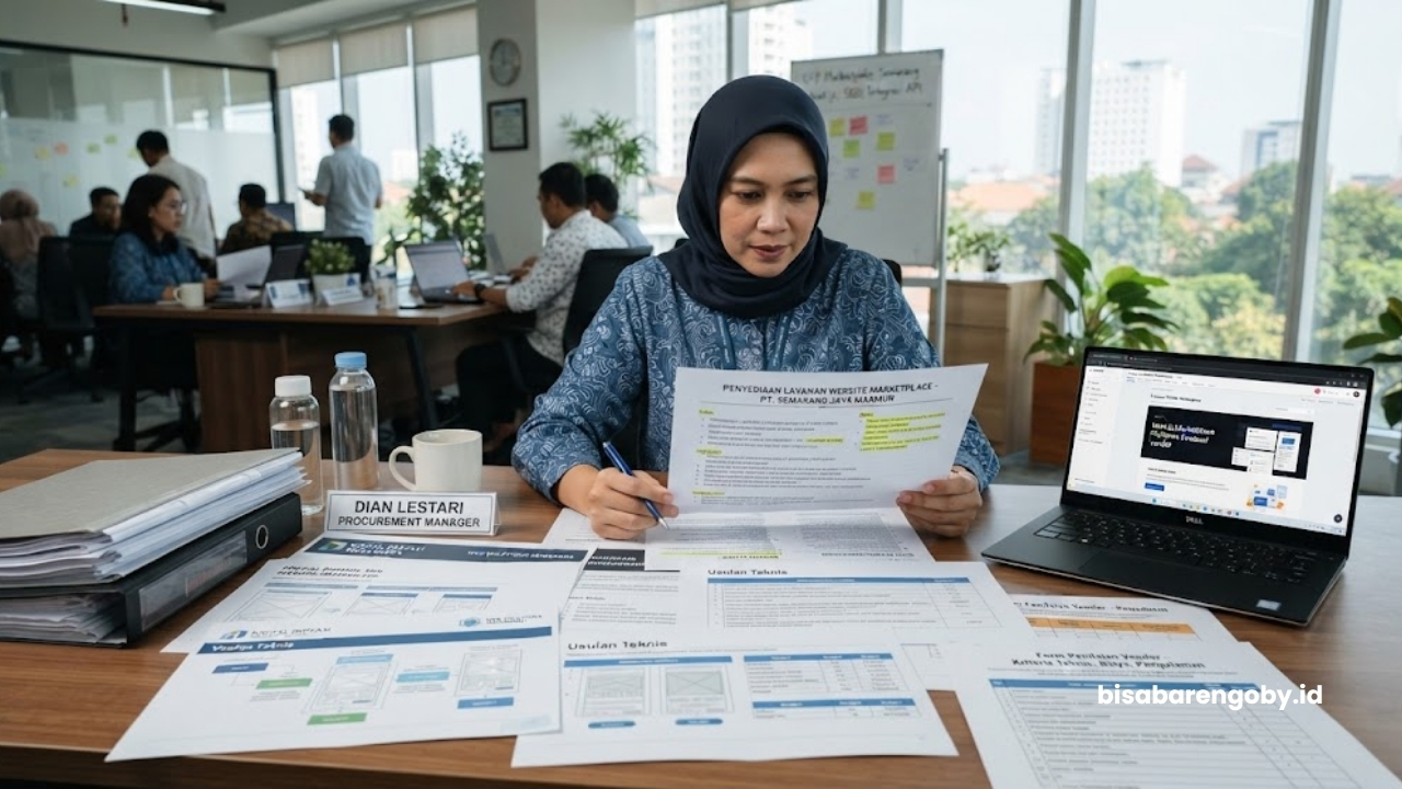Manajer pengadaan menyeleksi dokumen proposal saat mengevaluasi vendor website marketplace untuk perusahaan di Semarang berbasis Next.js