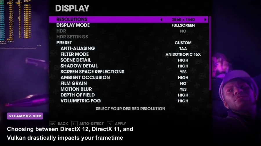Saints Row PC graphics display options showing API selection between DirectX 12 and Vulkan
