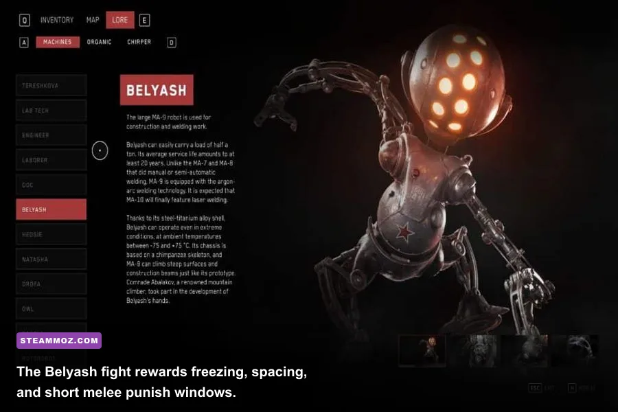 Atomic Heart Belyash robot boss attacking the player in an arena