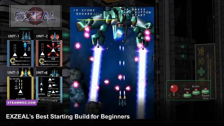 EXZEAL vertical arcade shoot em up gameplay with player ship and enemy formations