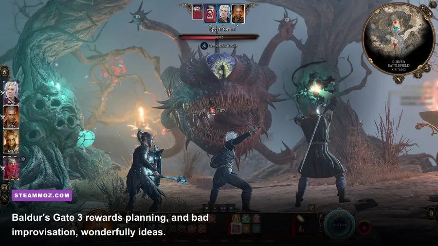 Baldurs Gate 3 party using spells and environmental tactics in combat