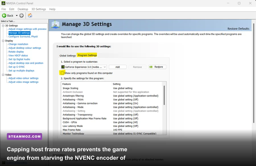 NVIDIA Control Panel Max Frame Rate and Low Latency Mode configurations