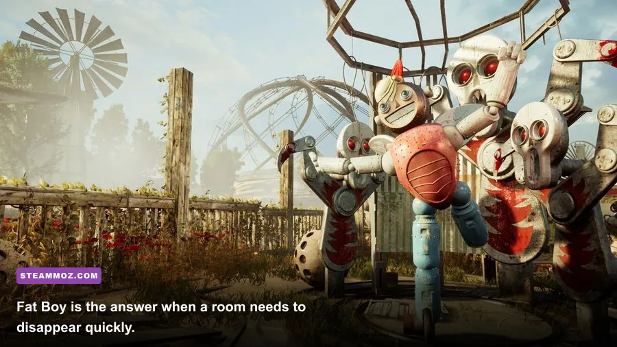 Atomic Heart Fat Boy rocket launcher exploding near robots