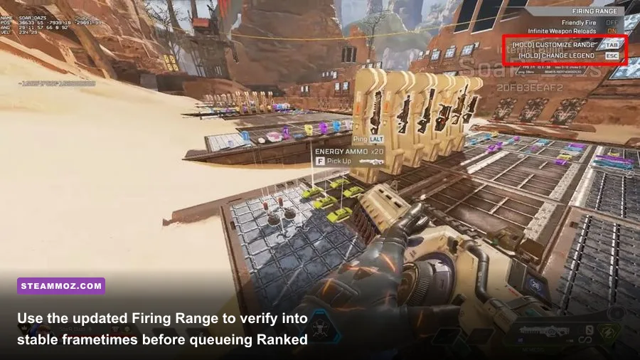 The Firing Range in Apex Legends used for testing frame rate consistency and visual tracking