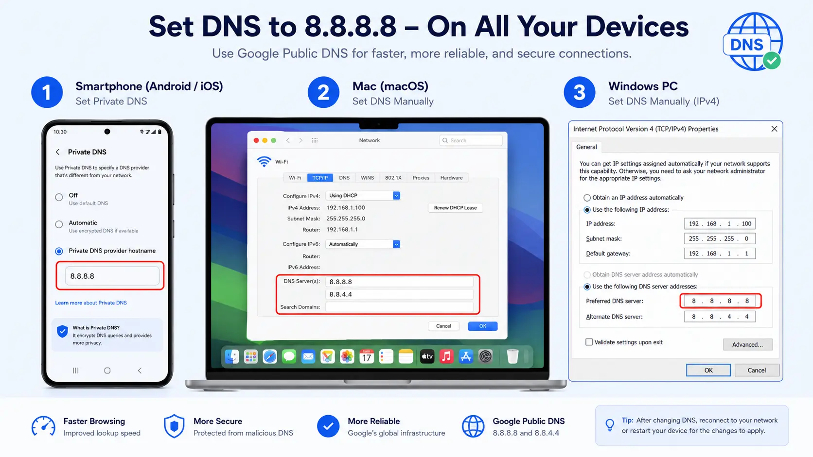 各OS（iOS, macOS, Windows）でのDNS 8.8.8.8変更手順