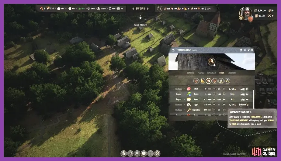 Manor Lords trading post interface managing regional wealth