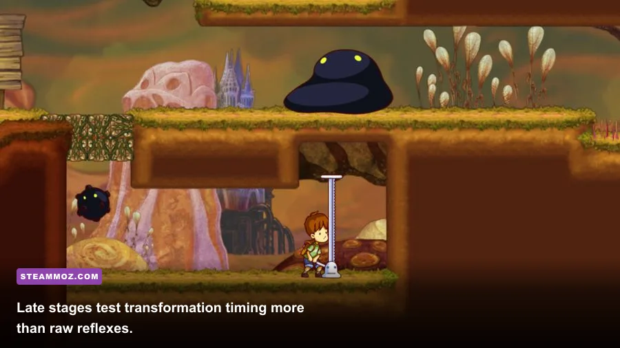 The boy and Blob solving a dangerous late-game puzzle in A Boy and His Blob