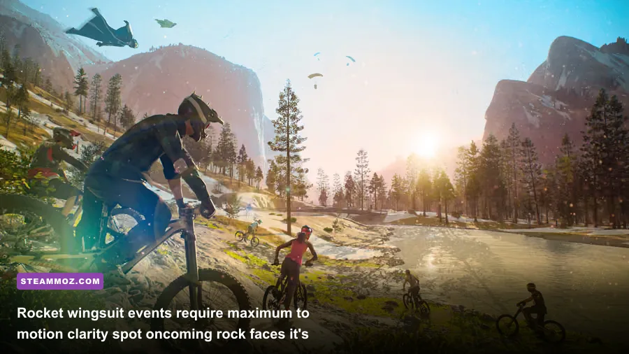 Player piloting a rocket wingsuit through narrow rock formations in Riders Republic