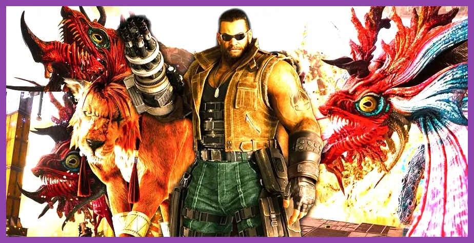 Barret using Lifesaver while Red XIII guards in Final Fantasy 7 Rebirth
