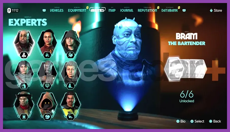 Star Wars Outlaws Experts menu showing progression and ability unlocks