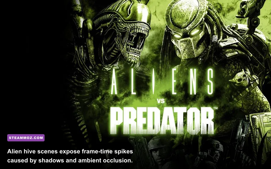 Aliens vs Predator 2010 Alien crawling through a dark hive during the campaign