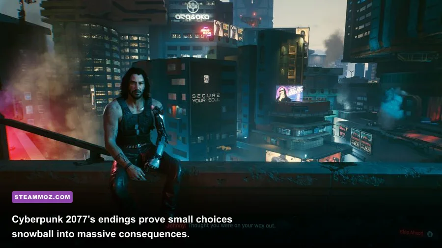V facing one of Cyberpunk 2077's multiple morally weighted endings