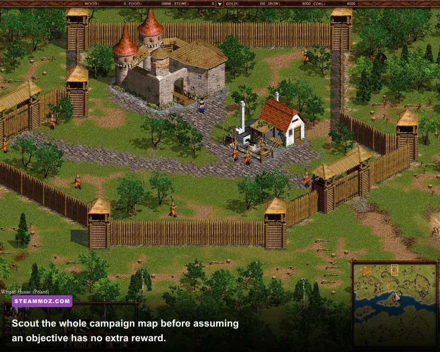 Cossacks 3 single-player campaign map showing settlements roads and unexplored terrain