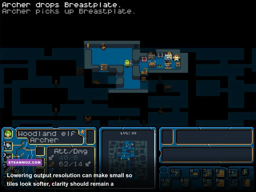 Hack Slash Loot pixel-art dungeon map with rooms and corridors