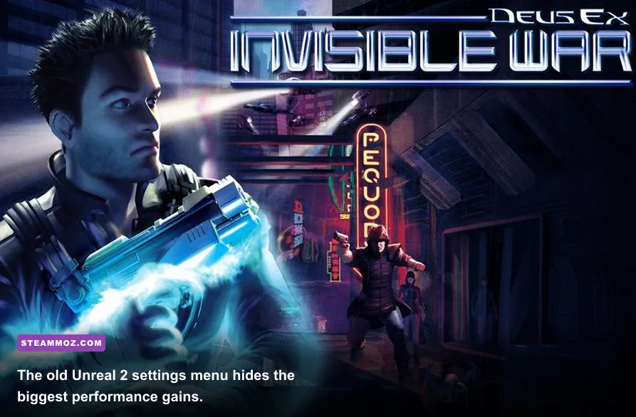 Deus Ex Invisible War PC graphics settings menu showing texture and world detail options