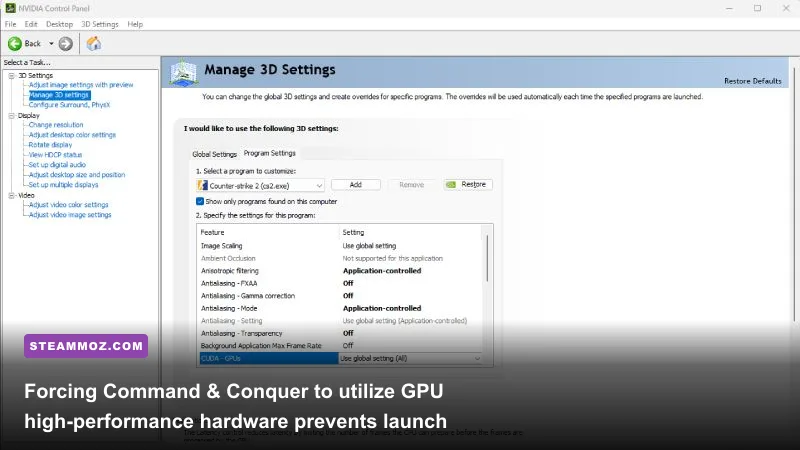 Nvidia Control Panel program settings interface for dedicated GPU configuration