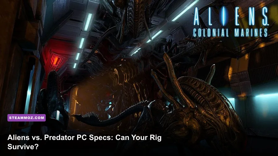 Aliens vs Predator 2010 Colonial Marine exploring a dark corridor on PC