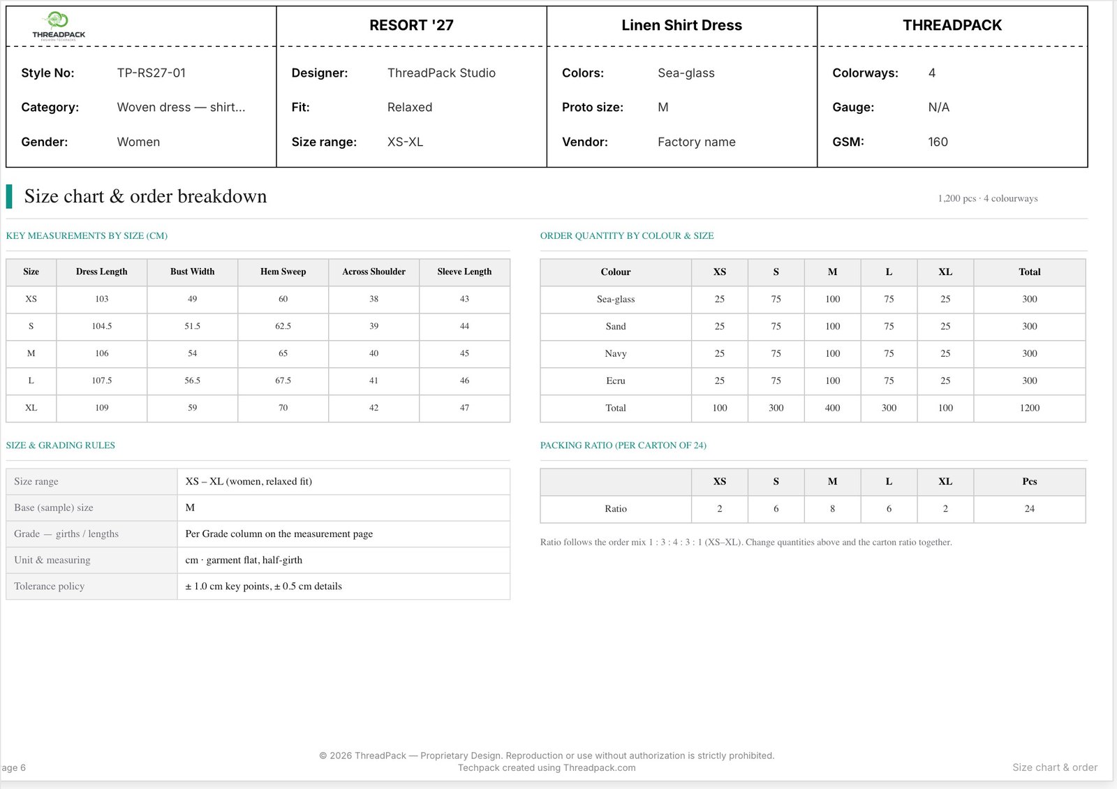 Tech pack page 6: size chart and order quantity by colour and size