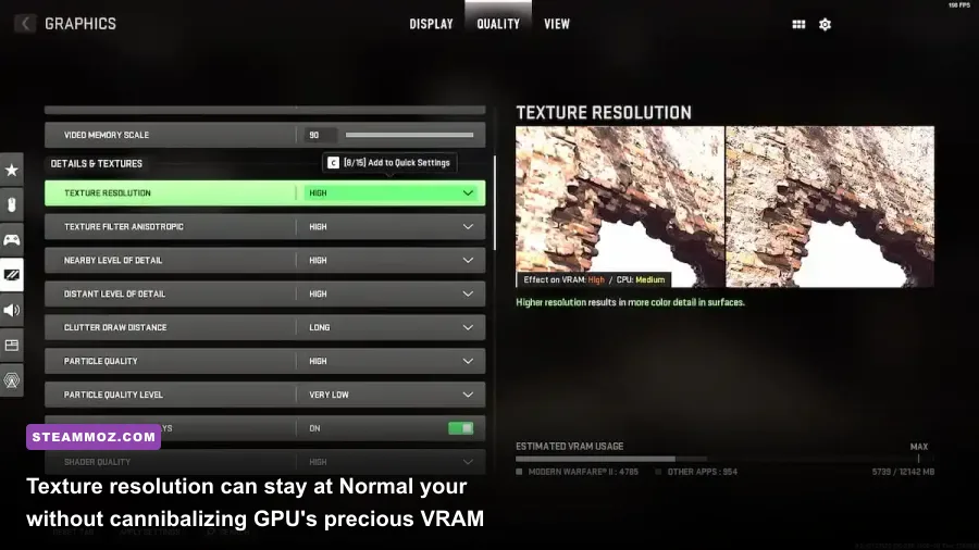 Modern Warfare 2 in-game graphics quality settings sub-menu showing texture parameters