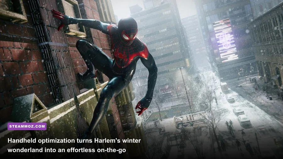 Miles Morales running on a handheld PC gaming device in winter suit