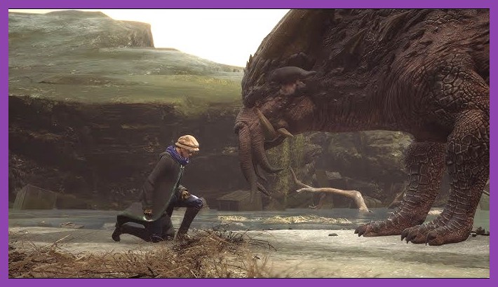 Player character charging into combat on top of a massive Graphorn beast in Hogwarts Legacy