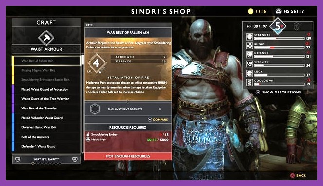 Crafting menu showing Perfect rarity red armor and Skap Slag resources in God of War