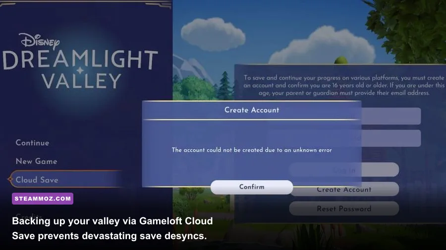 Disney Dreamlight Valley main menu displaying Gameloft Cloud Save options