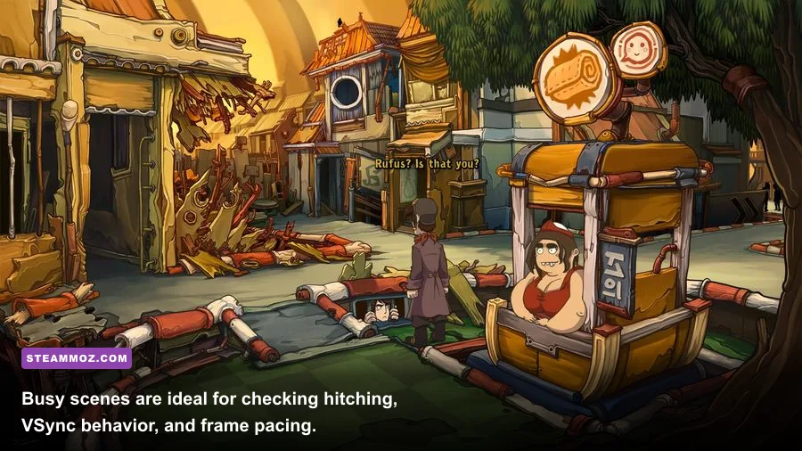 Goodbye Deponia railway station gameplay scene running on PC