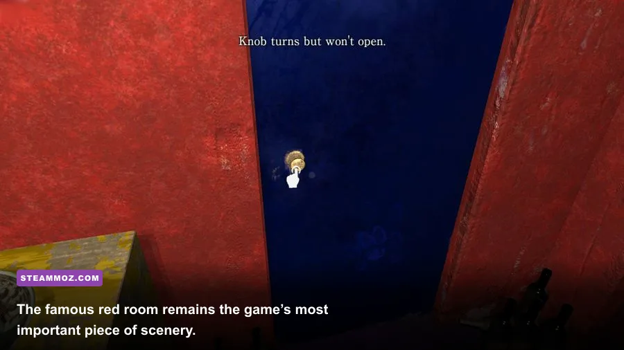 Crimson Room Decade red escape room environment with desk and locked door