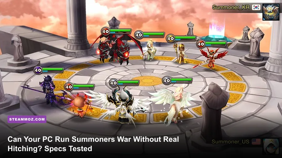 Summoners War running natively on PC via Steam showing Cairos Dungeon battle