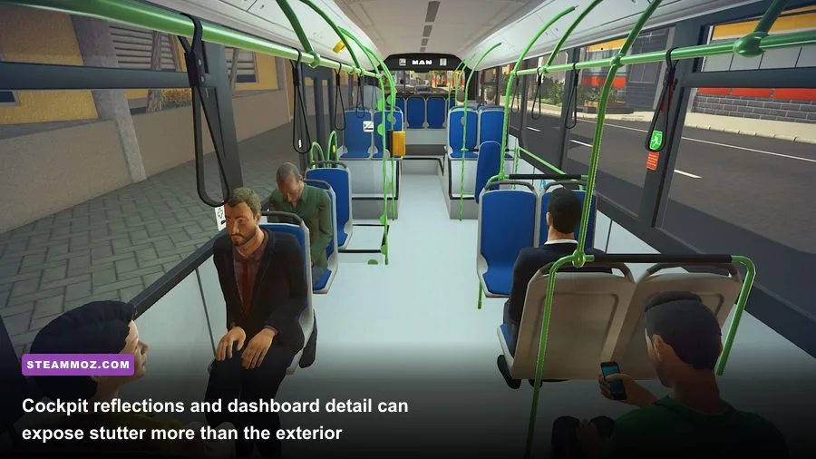 Bus Simulator 16 cockpit view showing the driver's dashboard and city traffic