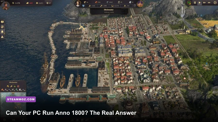 Anno 1800 Steam city skyline and busy harbor gameplay screenshot