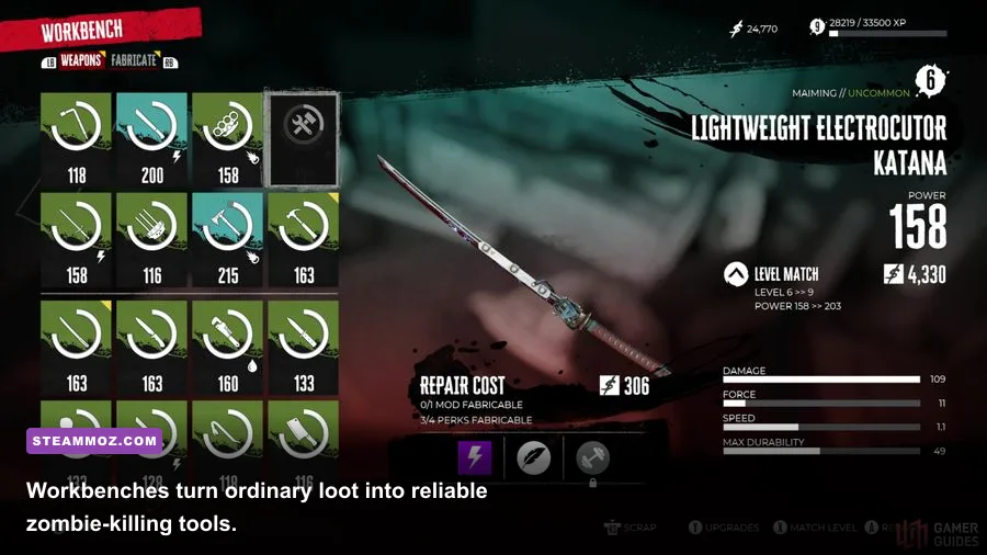 Dead Island Definitive Collection workbench used to repair and modify a weapon